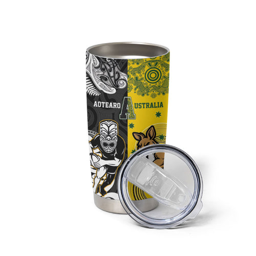 Aotearoa New Zealand and Australia Rugby Personalized Tumbler Cup Maori Koru and Aboriginal Dot Art Cultural Heritage