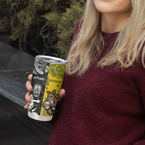 Aotearoa New Zealand and Australia Rugby Personalized Tumbler Cup Maori Koru and Aboriginal Dot Art Cultural Heritage