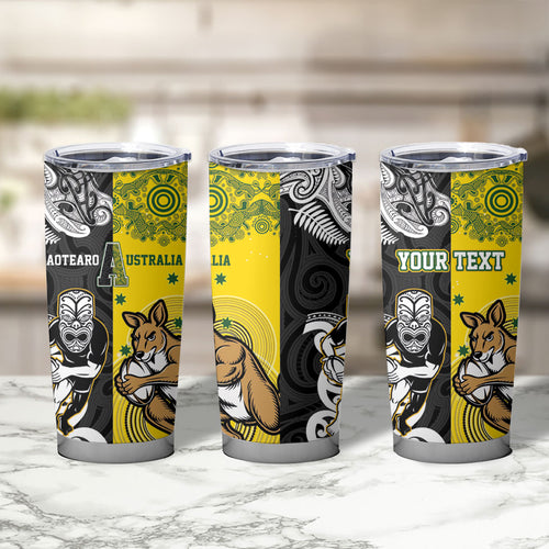 Aotearoa New Zealand and Australia Rugby Personalized Tumbler Cup Maori Koru and Aboriginal Dot Art Cultural Heritage