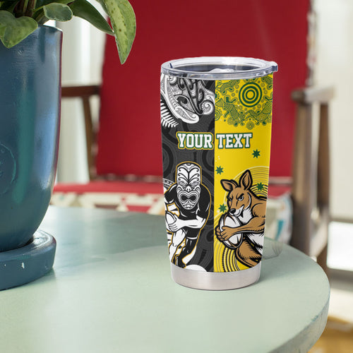 Aotearoa New Zealand and Australia Rugby Personalized Tumbler Cup Maori Koru and Aboriginal Dot Art Cultural Heritage