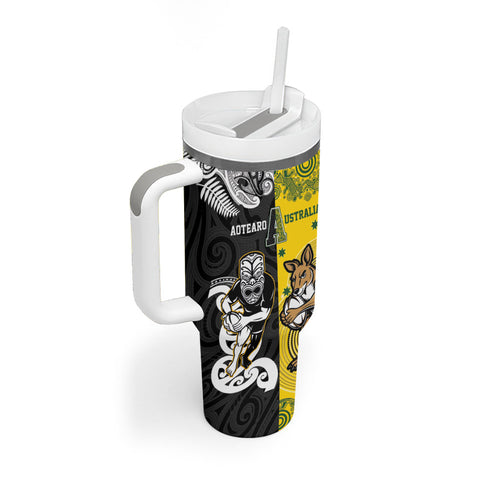 Aotearoa New Zealand and Australia Rugby Personalized Tumbler With Handle Maori Koru and Aboriginal Dot Art Cultural Heritage