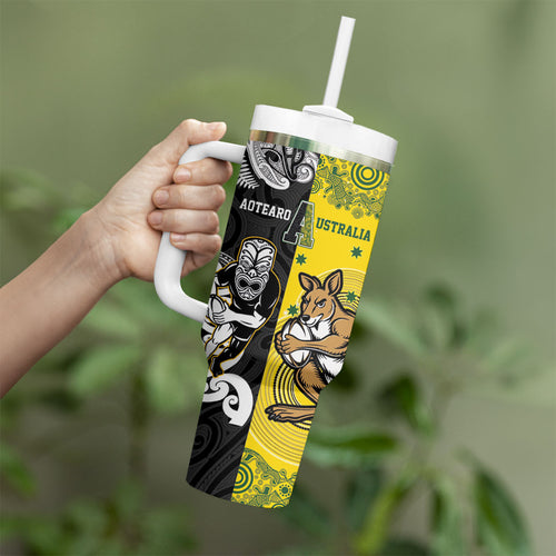 Aotearoa New Zealand and Australia Rugby Personalized Tumbler With Handle Maori Koru and Aboriginal Dot Art Cultural Heritage