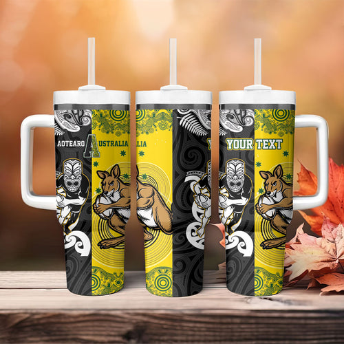 Aotearoa New Zealand and Australia Rugby Personalized Tumbler With Handle Maori Koru and Aboriginal Dot Art Cultural Heritage