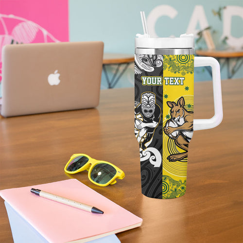 Aotearoa New Zealand and Australia Rugby Personalized Tumbler With Handle Maori Koru and Aboriginal Dot Art Cultural Heritage