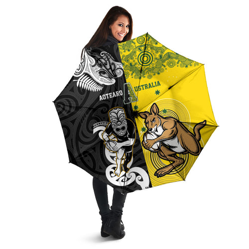 Aotearoa New Zealand and Australia Rugby Umbrella Maori Koru and Aboriginal Dot Art Cultural Heritage