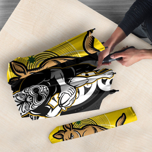 Aotearoa New Zealand and Australia Rugby Umbrella Maori Koru and Aboriginal Dot Art Cultural Heritage
