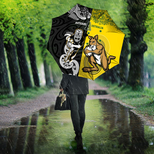 Aotearoa New Zealand and Australia Rugby Umbrella Maori Koru and Aboriginal Dot Art Cultural Heritage