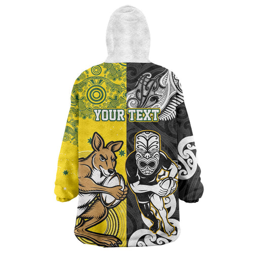 Aotearoa New Zealand and Australia Rugby Personalized Wearable Blanket Hoodie Maori Koru and Aboriginal Dot Art Cultural Heritage