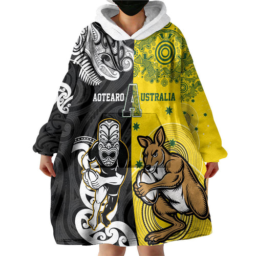 Aotearoa New Zealand and Australia Rugby Personalized Wearable Blanket Hoodie Maori Koru and Aboriginal Dot Art Cultural Heritage