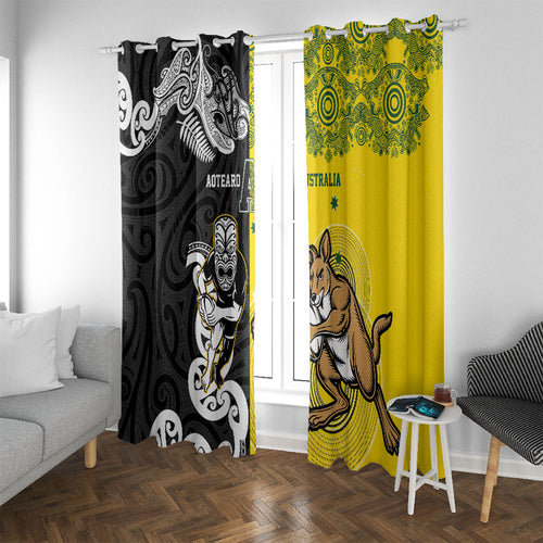 Aotearoa New Zealand and Australia Rugby Window Curtain Maori Koru and Aboriginal Dot Art Cultural Heritage