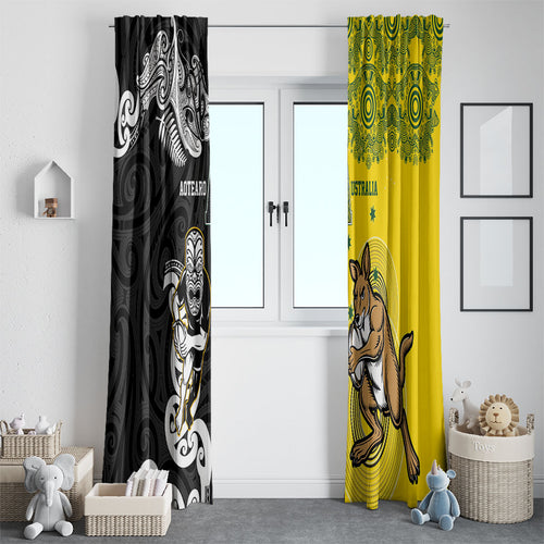 Aotearoa New Zealand and Australia Rugby Window Curtain Maori Koru and Aboriginal Dot Art Cultural Heritage