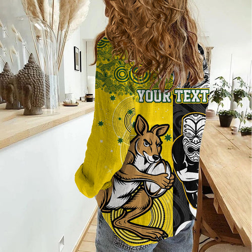 Aotearoa New Zealand and Australia Rugby Personalized Women Casual Shirt Maori Koru and Aboriginal Dot Art Cultural Heritage