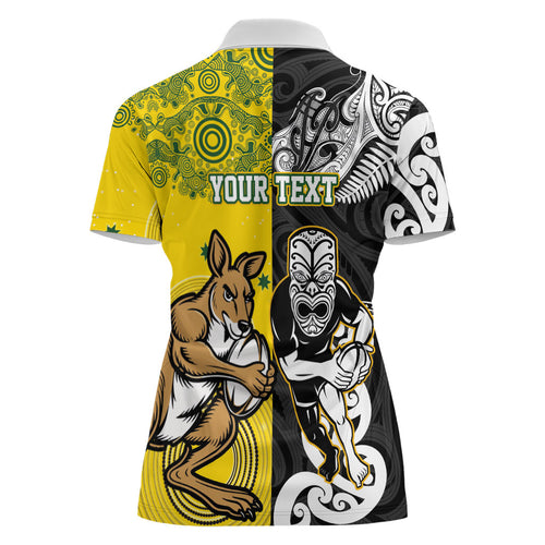 Aotearoa New Zealand and Australia Rugby Personalized Women Polo Shirt Maori Koru and Aboriginal Dot Art Cultural Heritage
