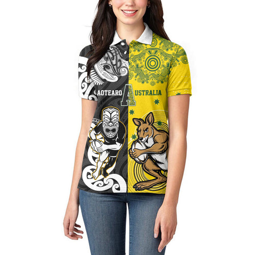 Aotearoa New Zealand and Australia Rugby Personalized Women Polo Shirt Maori Koru and Aboriginal Dot Art Cultural Heritage