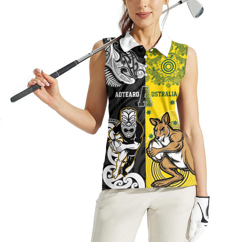 Aotearoa New Zealand and Australia Rugby Personalized Women Sleeveless Polo Shirt Maori Koru and Aboriginal Dot Art Cultural Heritage