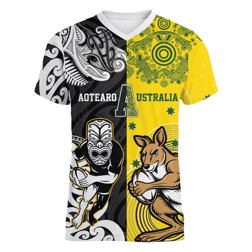 Aotearoa New Zealand and Australia Rugby Personalized Women V-Neck T-Shirt Maori Koru and Aboriginal Dot Art Cultural Heritage