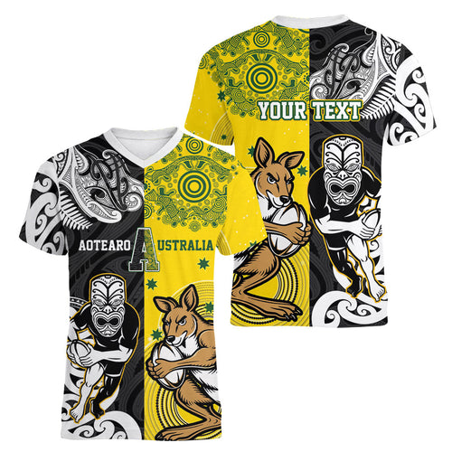 Aotearoa New Zealand and Australia Rugby Personalized Women V-Neck T-Shirt Maori Koru and Aboriginal Dot Art Cultural Heritage