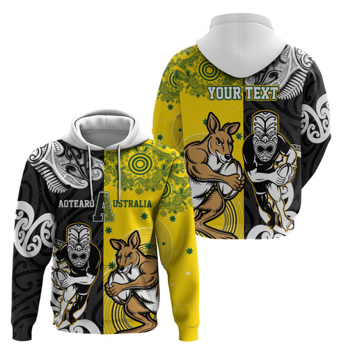 Aotearoa New Zealand and Australia Rugby Personalized Zip Hoodie Maori Koru and Aboriginal Dot Art Cultural Heritage