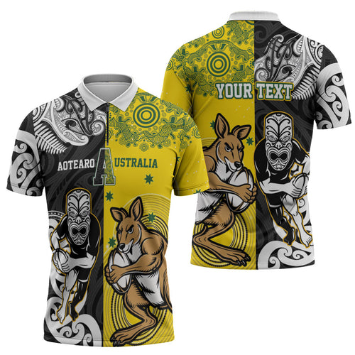 Aotearoa New Zealand and Australia Rugby Personalized Zipper Polo Shirt Maori Koru and Aboriginal Dot Art Cultural Heritage