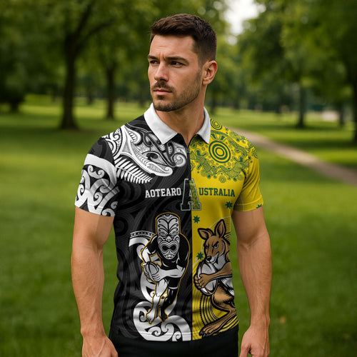 Aotearoa New Zealand and Australia Rugby Personalized Zipper Polo Shirt Maori Koru and Aboriginal Dot Art Cultural Heritage