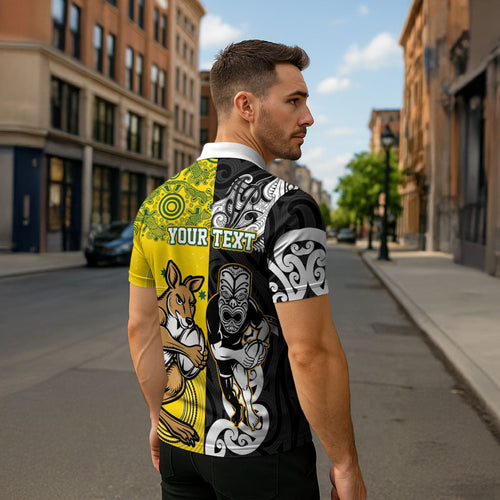 Aotearoa New Zealand and Australia Rugby Personalized Zipper Polo Shirt Maori Koru and Aboriginal Dot Art Cultural Heritage