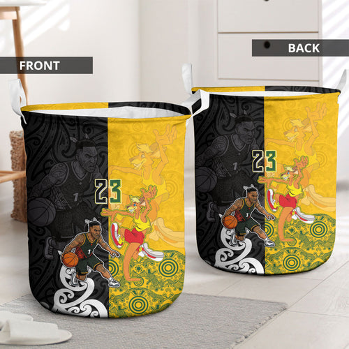 Aotearoa New Zealand And Australia Basketball Custom Laundry Basket Maori Tribal Tattoo And Aboriginal Dot Art Heritage