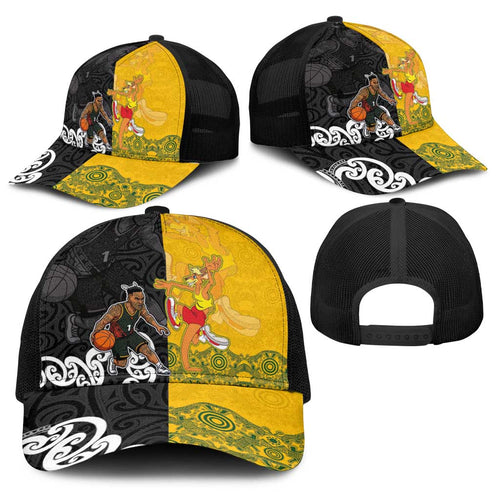 Aotearoa New Zealand And Australia Basketball Baseball Net Cap Maori Tribal Tattoo And Aboriginal Dot Art Heritage