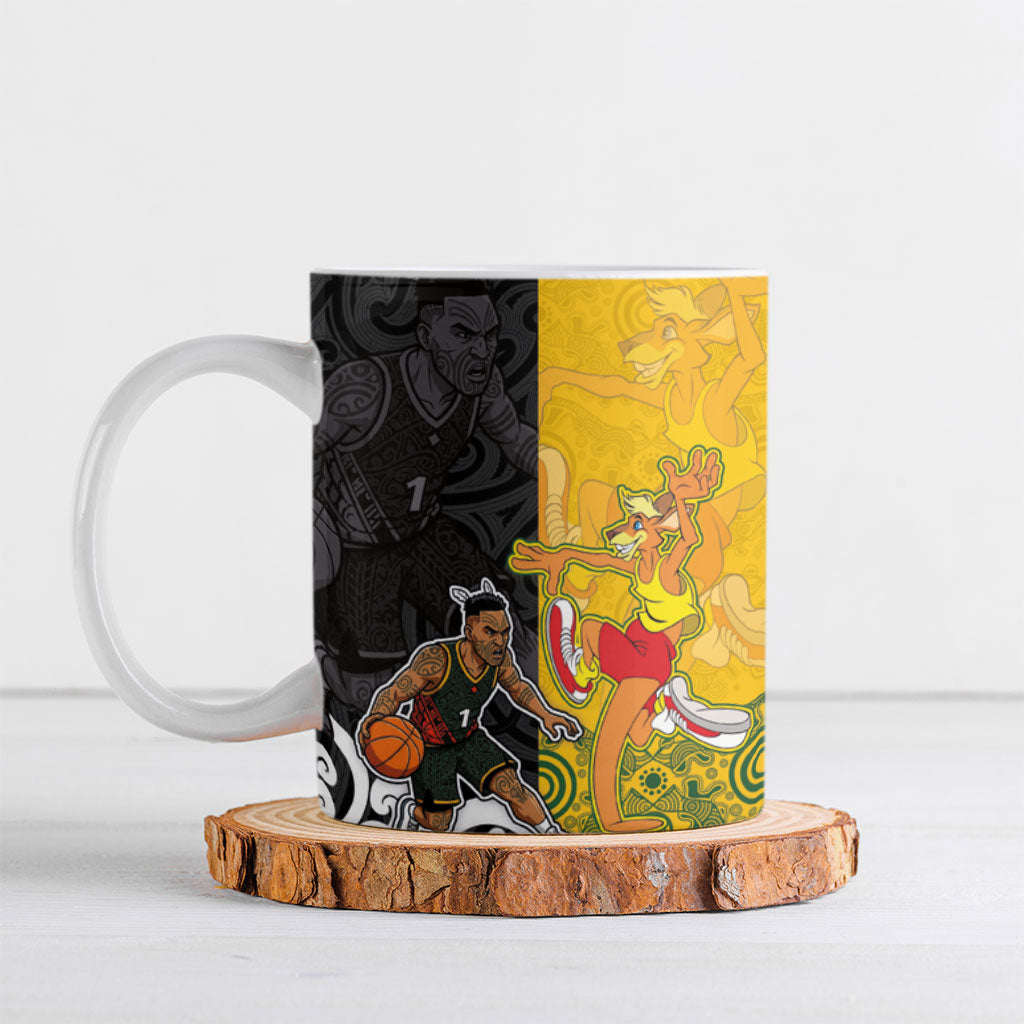 Aotearoa New Zealand And Australia Basketball Custom Ceramic Mug Maori Tribal Tattoo And Aboriginal Dot Art Heritage