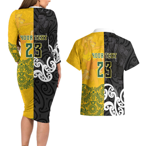 Aotearoa New Zealand And Australia Basketball Custom Couples Matching Long Sleeve Bodycon Dress and Hawaiian Shirt Maori Tribal Tattoo And Aboriginal Dot Art Heritage