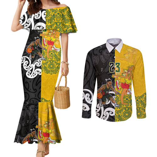 Aotearoa New Zealand And Australia Basketball Custom Couples Matching Mermaid Dress and Long Sleeve Button Shirt Maori Tribal Tattoo And Aboriginal Dot Art Heritage