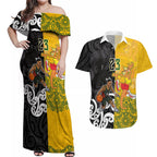 Aotearoa New Zealand And Australia Basketball Custom Couples Matching Off Shoulder Maxi Dress and Hawaiian Shirt Maori Tribal Tattoo And Aboriginal Dot Art Heritage