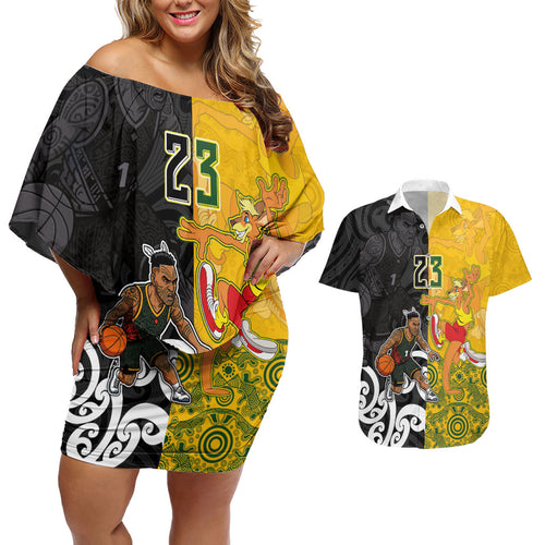 Aotearoa New Zealand And Australia Basketball Custom Couples Matching Off Shoulder Short Dress and Hawaiian Shirt Maori Tribal Tattoo And Aboriginal Dot Art Heritage