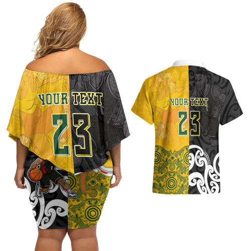 Aotearoa New Zealand And Australia Basketball Custom Couples Matching Off Shoulder Short Dress and Hawaiian Shirt Maori Tribal Tattoo And Aboriginal Dot Art Heritage
