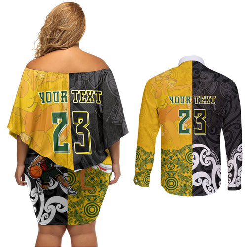 Aotearoa New Zealand And Australia Basketball Custom Couples Matching Off Shoulder Short Dress and Long Sleeve Button Shirt Maori Tribal Tattoo And Aboriginal Dot Art Heritage