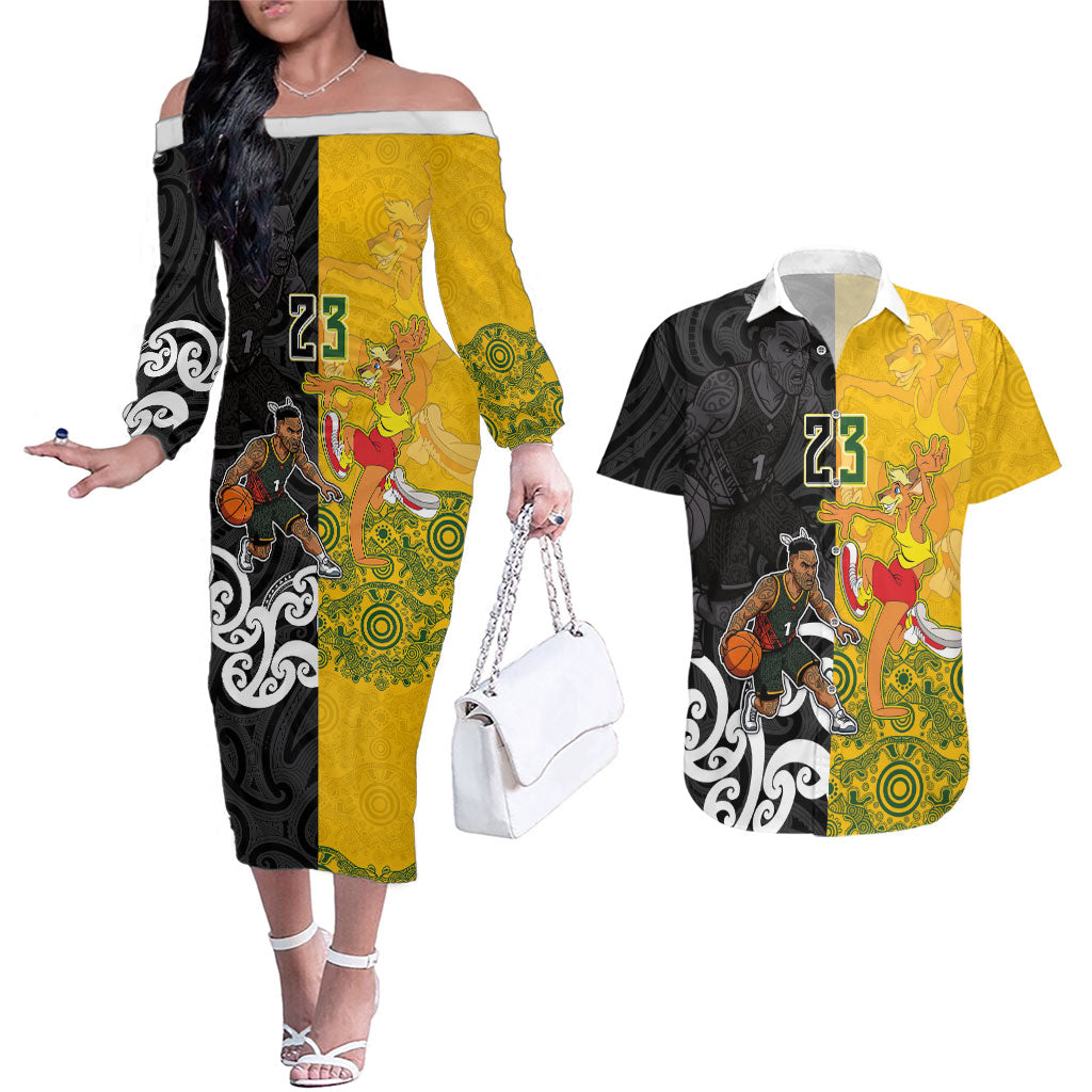 Aotearoa New Zealand And Australia Basketball Custom Couples Matching Off The Shoulder Long Sleeve Dress and Hawaiian Shirt Maori Tribal Tattoo And Aboriginal Dot Art Heritage