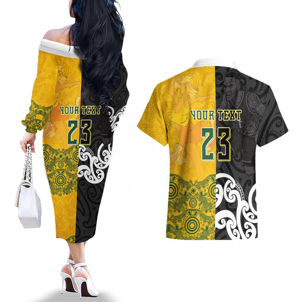 Aotearoa New Zealand And Australia Basketball Custom Couples Matching Off The Shoulder Long Sleeve Dress and Hawaiian Shirt Maori Tribal Tattoo And Aboriginal Dot Art Heritage