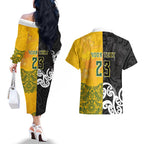 Aotearoa New Zealand And Australia Basketball Custom Couples Matching Off The Shoulder Long Sleeve Dress and Hawaiian Shirt Maori Tribal Tattoo And Aboriginal Dot Art Heritage