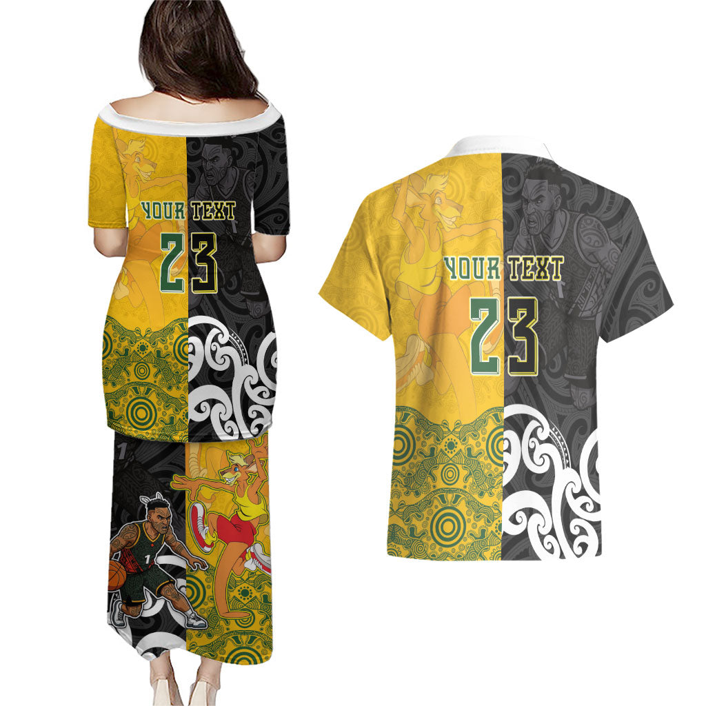 Aotearoa New Zealand And Australia Basketball Custom Couples Matching Puletasi and Hawaiian Shirt Maori Tribal Tattoo And Aboriginal Dot Art Heritage