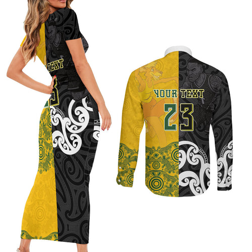 Aotearoa New Zealand And Australia Basketball Custom Couples Matching Short Sleeve Bodycon Dress and Long Sleeve Button Shirt Maori Tribal Tattoo And Aboriginal Dot Art Heritage
