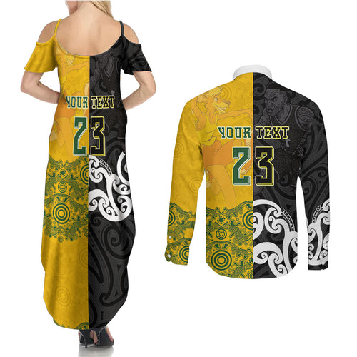 Aotearoa New Zealand And Australia Basketball Custom Couples Matching Summer Maxi Dress and Long Sleeve Button Shirt Maori Tribal Tattoo And Aboriginal Dot Art Heritage