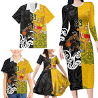 Aotearoa New Zealand And Australia Basketball Custom Family Matching Long Sleeve Bodycon Dress and Hawaiian Shirt Maori Tribal Tattoo And Aboriginal Dot Art Heritage