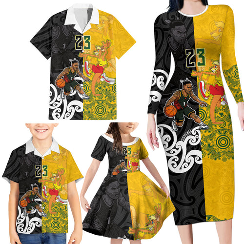 Aotearoa New Zealand And Australia Basketball Custom Family Matching Long Sleeve Bodycon Dress and Hawaiian Shirt Maori Tribal Tattoo And Aboriginal Dot Art Heritage