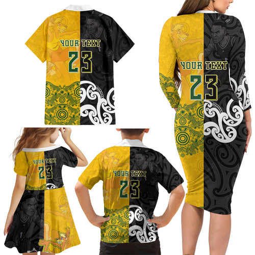 Aotearoa New Zealand And Australia Basketball Custom Family Matching Long Sleeve Bodycon Dress and Hawaiian Shirt Maori Tribal Tattoo And Aboriginal Dot Art Heritage