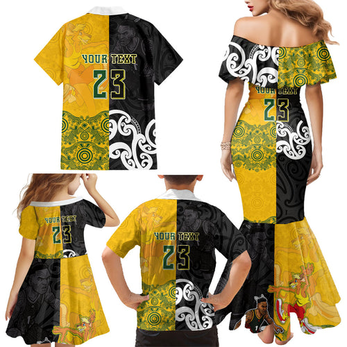 Aotearoa New Zealand And Australia Basketball Custom Family Matching Mermaid Dress and Hawaiian Shirt Maori Tribal Tattoo And Aboriginal Dot Art Heritage