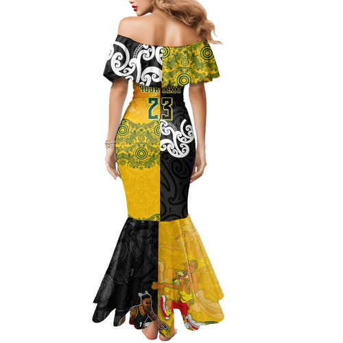 Aotearoa New Zealand And Australia Basketball Custom Family Matching Mermaid Dress and Hawaiian Shirt Maori Tribal Tattoo And Aboriginal Dot Art Heritage