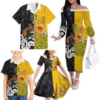 Aotearoa New Zealand And Australia Basketball Custom Family Matching Off The Shoulder Long Sleeve Dress and Hawaiian Shirt Maori Tribal Tattoo And Aboriginal Dot Art Heritage