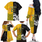 Aotearoa New Zealand And Australia Basketball Custom Family Matching Off The Shoulder Long Sleeve Dress and Hawaiian Shirt Maori Tribal Tattoo And Aboriginal Dot Art Heritage