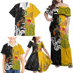 Aotearoa New Zealand And Australia Basketball Custom Family Matching Off Shoulder Maxi Dress and Hawaiian Shirt Maori Tribal Tattoo And Aboriginal Dot Art Heritage