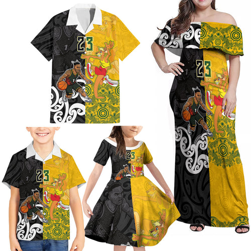 Aotearoa New Zealand And Australia Basketball Custom Family Matching Off Shoulder Maxi Dress and Hawaiian Shirt Maori Tribal Tattoo And Aboriginal Dot Art Heritage