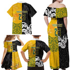 Aotearoa New Zealand And Australia Basketball Custom Family Matching Off Shoulder Maxi Dress and Hawaiian Shirt Maori Tribal Tattoo And Aboriginal Dot Art Heritage